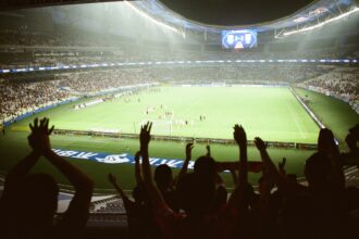 A crowd of people at a soccer game