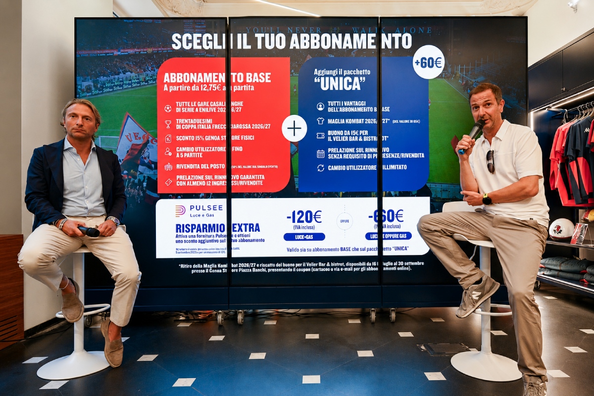 Pulsee e Genoa: sconti sugli abbonamenti 2026/2027 – (credit foto: Ufficio stampa Pulsee Luce e Gas & Ufficio stampa Genoa CFC)